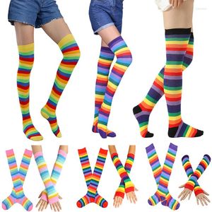 Knee Pads 1Set Women Girls Striped Stocking And Arm Sleeve Cover Gloves Warm Over Socks Long Thigh High Cosplay Christmas