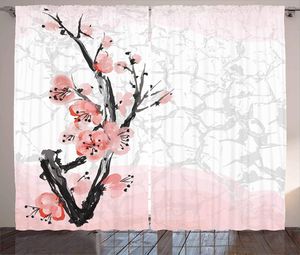 Gardin blommor gardiner japansk körsbärsblomning sakura träd gren mjuk pastell akvarelltryck vardagsrum sovrum fönster draperar