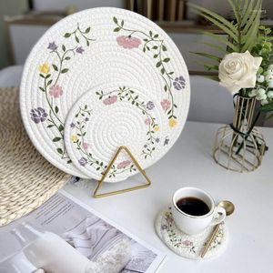 Tischsets, Obstdruck, rundes Tischset, handgefertigt, geflochtene Baumwolle, Blumen, Untersetzer, Kaffeetische, Geschirr, Wärmedämmung, Pfannenmatte, nordische Heimdekoration