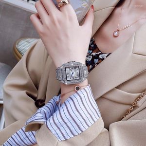 ساعة Wristwatches Diamond Watch for Women Ladies Silver Square Dial Big Dial Quartz Movt Freehy fancy with box