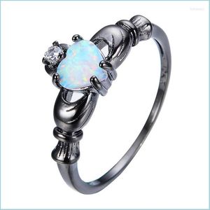 Eheringe Eheringe Eleganter Herzschliff Regenbogen-Opal-Claddagh-Ring Mode Weißer Cz-Schmuck Schwarzes Gold Gefüllt Verlobung Promi Dhip8