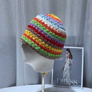 Beanie/Skull Caps Women Hollow Flower Sticked Fisherman Hat Handmade virkning Rainbow Color Matching Basin Hat Spring Summer Sunscreen Sun Gorro T221020