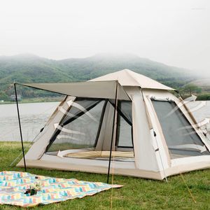 テントとシェルター5〜6人の屋外キャンプ自動テントポータブルファミリーハイキングビーチダブルレイヤーメッシュガゼボ付きダブルレイヤー防水