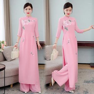 Roupas étnicas estilo chinês conjunto de duas peças mulheres tampos longos ternos de calça de calça rosa branco esbelto harajuku Ao dai Vietnã elegante mt606