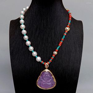 Choker Y.YING Weiße Perle Rote Koralle Blau Türkis Halskette Lila Jade Buddha Anhänger