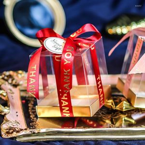 Confezione regalo 50 pz/lotto scatola di caramelle nastro romantico oro fondo di cartone trasparente festa di compleanno bomboniere per gli ospiti sacchetto di imballaggio