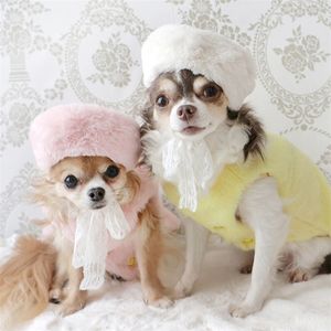 Pet Plush Hat Dog Apparel Dogs Lace Strappy Hats Fashion Cat Beret Outdoor Travel Pet Cap Accessories