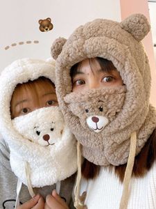 Beanie/Skull Caps Japanese Cute Cartoon Bear Ear Cap Hat Lamb Plush Cap Warmted Ear Protection With Warm Mask for Women Girl T221020