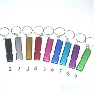 Keychains Lanyards Portable Aluminium Safety Whistle Keychains f￶r utomhus vandringskam Cam Survival Emergency Keychain MTI Tool Drop Del DHWCD