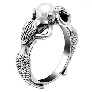 Обручальные кольца 2022 Античный серебряный цвет Большое кольцо мода Элегантная двойная русалка смоделировать жемчужное хип -хоп женские ювелирные украшения оптом