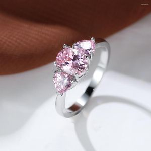 Anéis de casamento 14k branco banhado a ouro charme rosa coração oval zircão anel para mulheres doce delicado noivado aniversário jóias acessórios