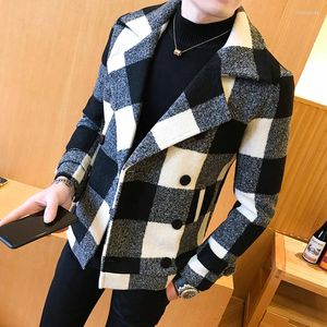 Jaquetas masculinas 2023 inverno masculinas curtas de lã casaco duplo seios design casual blusão moda retrô jaqueta tartan