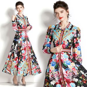 Boutique Lanter Sleeve Dress 2023 Spring Autumn Womens Printed Dress High-End Retro Trendy Lady Floral Dresses