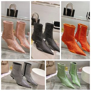 Colorful Diamond cat heel high heels boots Pleated Ankle boot Pumps Womens shiny leather diamond Designer pointed toes stiletto fashion shoes