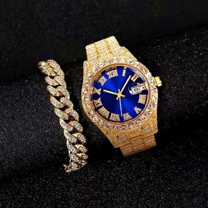 Wristwatches Full Iced Out Watch For Men Bling Miami Cuban Chain Bracelet Green Water Ghost Hip Hop Luxury Gold Watches Women Set Reloj200o