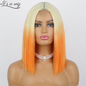 H￥rsyntetiska svart jag ￤r en peruk kort orange cosplay syntetiska kvinnor rak bob h￥r mellersta del naturlig blond rosa r￶da peruker