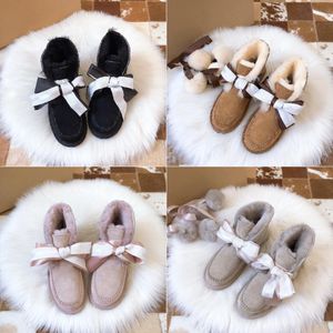 2022 Children's Winter snowwalking shoes kids bow hair ball decorative velvet boys and girls outdoor fashion warm naked boots