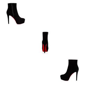 Sapatos de calcanhar super altos Boots femininos Designer de luxo Paris Sapatos solados vermelhos Bianca Bomba BOOTY Black Suede Leather Veau Velours Solas grossas com zíper Lado EU35-43