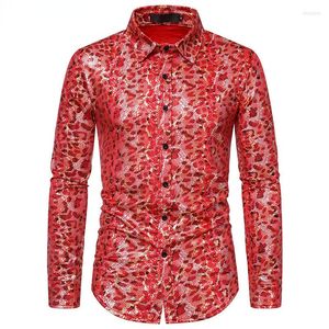 Camicie casual da uomo Mens Red Leopard Bronzing Dress 2022 Sexy anni '70 Disco Dance Camicia da uomo Nightclub Party Stage Prom Chemise Homme