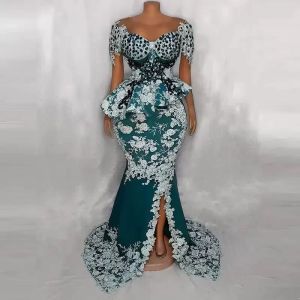 Beading Mermaid Prom Dresses Sheer Neckline Aso Ebi Evening Gown Peplum Lace Applques Side Split Gowns robe de soiree