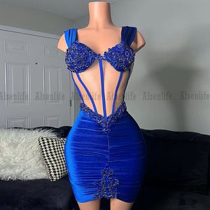 Vestidos de baile curtos azuis reais de luxo 2023 mi￧angas vestidos de cocktail ilus￣o vestidos de gradua￧￣o cristal