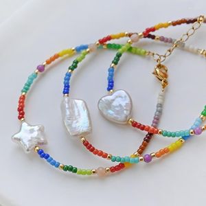 Strand Romantic Rainbow Color Beaded Pearl Charm Bracelets Star And Heart Baroque Delicate Glass Seed Beads Bracelet For Women