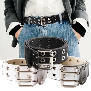 Belts Fashion Women Punk Chain Belt Adjustable Black Double Eyelet Grommet Metal Buckle Leather Men Waistband For Jeans