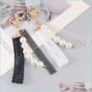 Keychains Lanyards Korean Lace Imitation Pearl Keychain Fashion Tassel Accessories Pendant Key Ring Women Backpack Holder Drop Del Dh6Yj