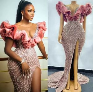 Plus Size Arabisch ASO EBI LUPPILIERE MERMID MIT SECKETIGE POMBIME POMKETS KREISS BEHEFEN Kristalle Sheer Neck Abend formelle Party zweite Empfangskleider Vestidos de