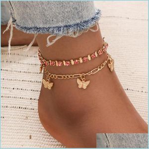 Anklets Crystal Anklet Bracelets For Women Gold Color Butterfly Mtilayer Female Simple Leg Chain Foot Jewelry Drop Delivery 2022 Dha7O