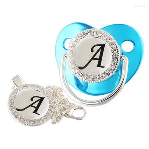 Pacifiers Luxury Metallic Blue Name Letters Baby Pacifier With Chain Clip Bling Rhinestones Born Silicone Dummy Soother Unique Gift