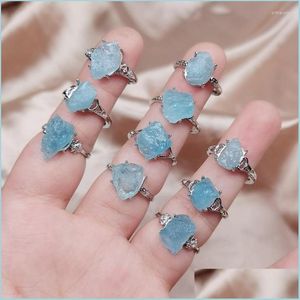 Wedding Rings Wedding Rings 1Pc Irregar Natural Stone Finger Ring Aquamarines Mineral Blue Crystal Quartz Women Adjustable Anniversa Dhdjg