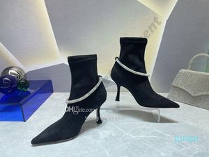 designer di lusso Stivaletti Scarpa elegante Stivali alti alla coscia Pelle di pecora catena di diamanti in cristallo Décolleté in pelle con cinturino alla caviglia Tacco alto 8,5 cm Scarpe a punta 011