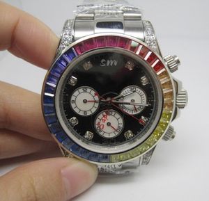 クラシックスタイルマン腕時計ステンレススチールラグジュアリーウォッチクォーツストップウォッチ男性時計ファッションビジネス新しい時計レインボーダイヤモンドベゼルR48