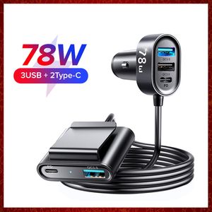 2022 78W 5-in-1カー充電器高速USB充電器PD 3.0 QC 4.0 PPS 25WタイプC 1.5mケーブル付きマルチカーチャージアダプター