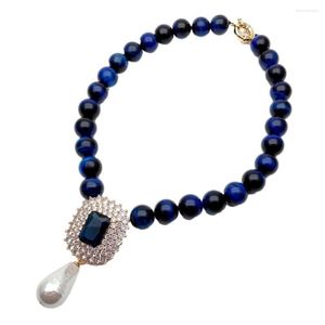 Girocollo Y.YING Collana con occhio di tigre blu Ciondolo con perle di conchiglia bianca con pavé di zirconi cubici per donna