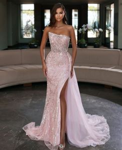 Chic Pink Mermaid Prom Dresses Strapless Side Split Party Dresses Sleeveless Floor Length Evening Dress Custom Made