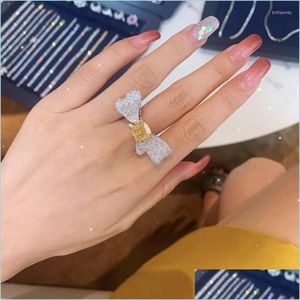 Wedding Rings Wedding Rings Cute Big Bowknot Sier Color Adjustable Ring With Bling Yellow Zircon Stone For Women Engagement Fashion Dhftb