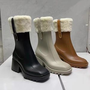 Luxury Designer Womens Half Boots shoes Winter Chunky Med Heels Plain Square Toes shoe Rainboots Zip Women Mid Calf Booty Wear Resistant Thick Soled Boot