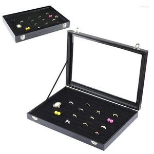 Jewelry Pouches 100-digit Ring Display Storage Box With Lid Tray Black Leather Delicate