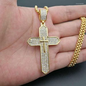 Pendant Necklaces Religious Cross Necklace For Men's Fashion Titanium Steel Gold-Plated Rhinestones Punk Hip Hop Jewelry