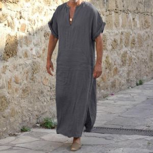 Erkek Tişörtleri Erkekler Etnik Çılış Düz Renk V Yağ Kısa Kollu İnce Vintage Kaftan Thobe Gevşek Uzun Elbise Günlük Plaj Gömlek