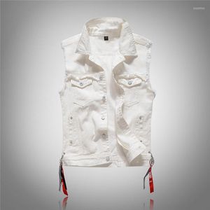 Gilet da uomo Gilet senza maniche bianco casual alla moda da uomo Giacca di jeans di alta qualità Stile punk di strada Opzioni di dimensioni multiple