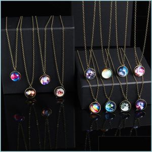 Hoop Huggie Fashion Statement Gorgeous Colorf Hoop Glass Galaxy Planet Earth Universe Ball Pendant Link Chain Necklace Glow in the Dhyxf