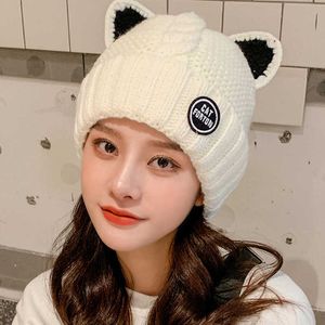 Beanie/Kafatası Kapakları Çift Katmanlı Örme Şapka Sevimli Karikatür Kedi Kulakları Şapkalar Sonbahar Kış Soğuk Koruma Polar Kalın Kap Korean Tüm Maç Kadın Bonnet T221020