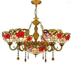 Chandeliers 32 " Stained Glass Style Morning Glory Lamp Shades 6 Arms Chandelier With 12 Inches Inverted Ceiling Pendant