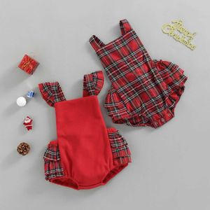 ロンパース私の最初のクリスマスの新生児の女の女のノースリーブロンパーレッド格子縞のプリント衣装かわいいジャンプスーツ服XmasギフトJ220922