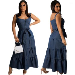 Vestidos casuais S-2xl Summer Suspender feminino suspenso azul sem costas de retalhos de retalhos plissados ​​elegantes vestidos longos que gotas