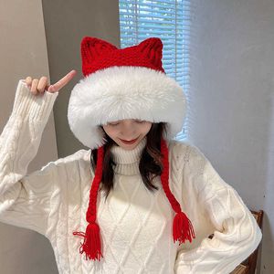 Beanie/Skull Caps New Women Winter Warm Cute Beanie Hat Cat Ears Lady Kawaii Knitted Crochet Beanies Hat Cap With Braid For Women T221020