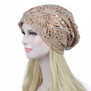 New Fashion Lace Flower Slouchy Baggy Head Cap For Women Beanie Hat Turban Muslim Ladies Hat HCS205